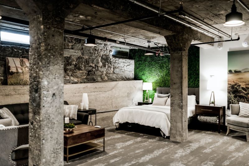 Basement transformed into a stylish bedroom